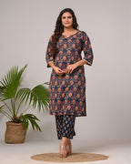 Plus Size Navy Blue Cotton Printed Kurta Pant Set with Dupatta-200027