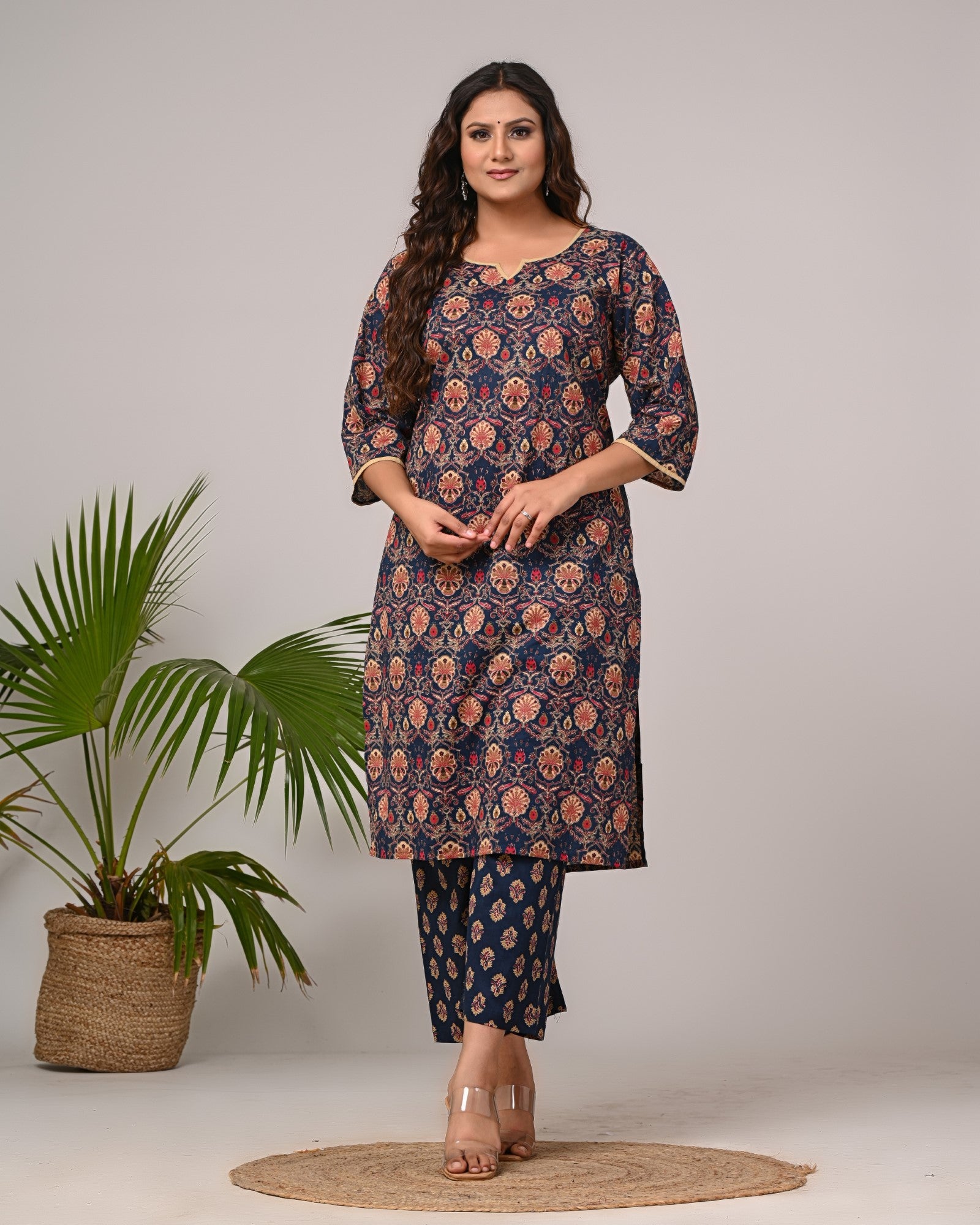 Plus Size Navy Blue Cotton Printed Kurta Pant Set with Dupatta-200027