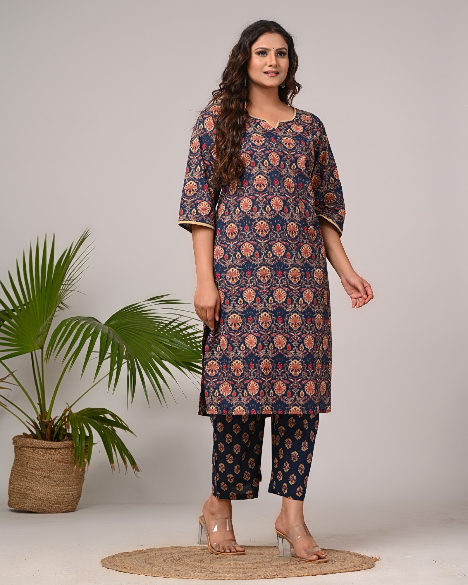 Plus Size Navy Blue Cotton Printed Kurta Pant Set with Dupatta-200027