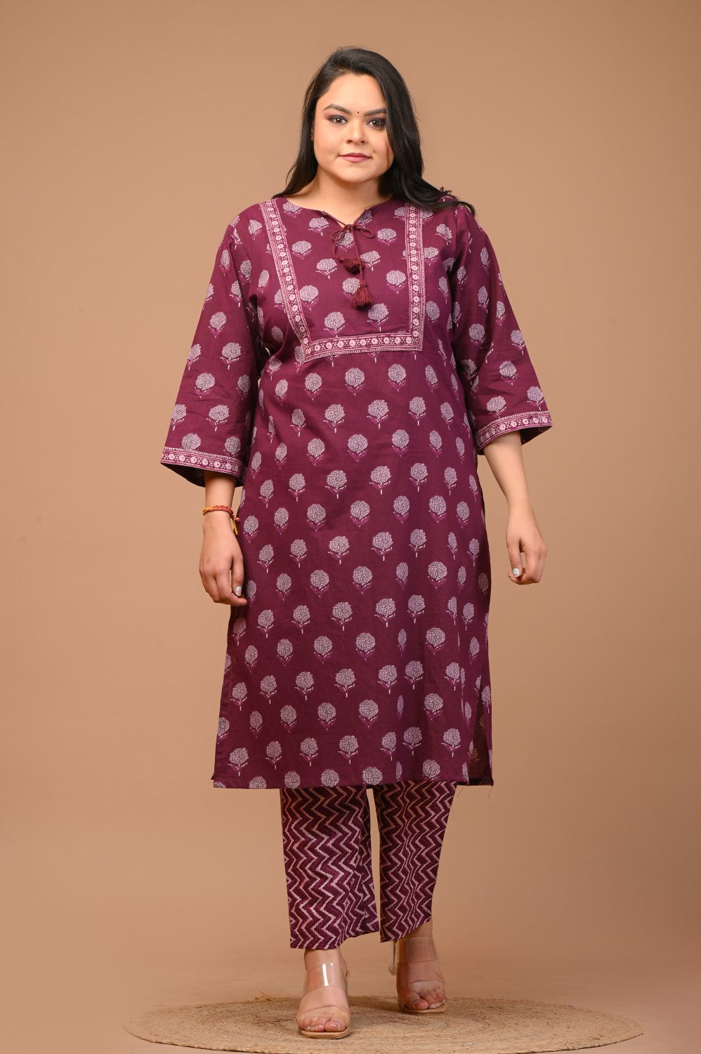 Plus Size Purple Cotton Printed Kurta Pant Set with Dupatta-200028