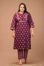 Plus Size Purple Cotton Printed Kurta Pant Set with Dupatta-200028