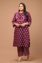 Plus Size Purple Cotton Printed Kurta Pant Set with Dupatta-200028