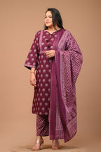 Plus Size Purple Cotton Printed Kurta Pant Set with Dupatta-200028