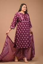 Plus Size Purple Cotton Printed Kurta Pant Set with Dupatta-200028