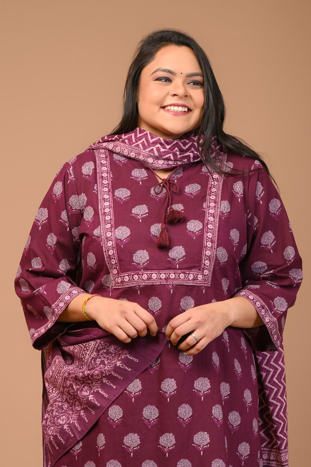 Plus Size Purple Cotton Printed Kurta Pant Set with Dupatta-200028