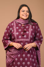 Plus Size Purple Cotton Printed Kurta Pant Set with Dupatta-200028