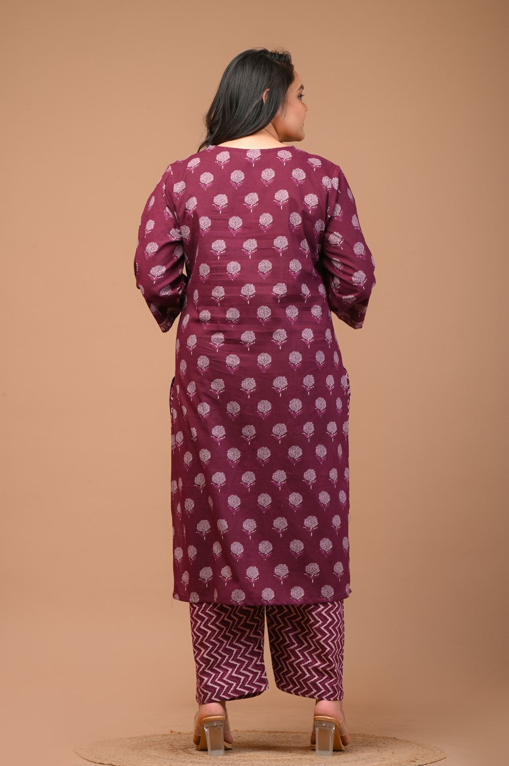 Plus Size Purple Cotton Printed Kurta Pant Set with Dupatta-200028