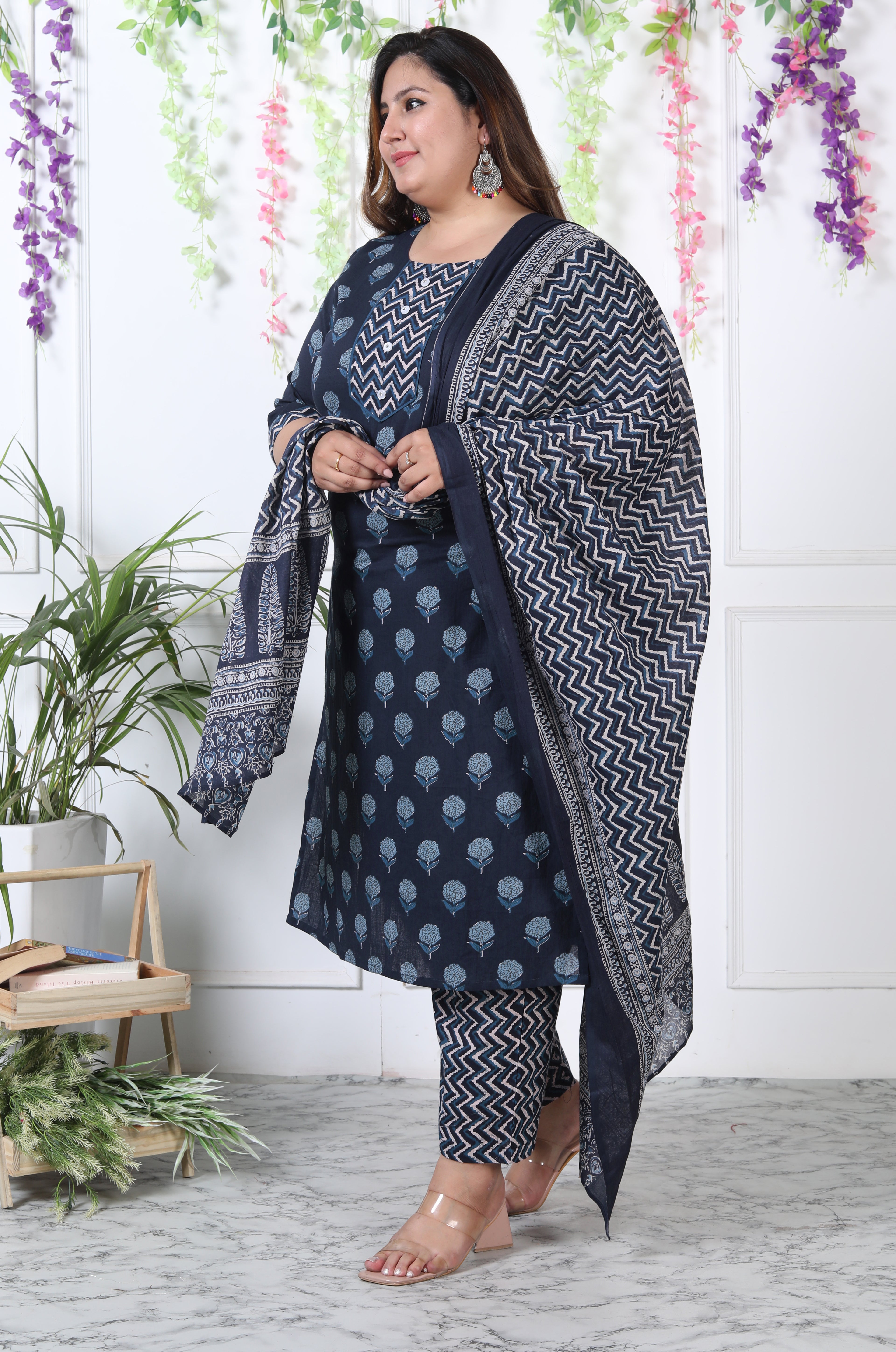Plus Size Navy Blue Cotton Printed Kurta Pant Set with Dupatta-200029