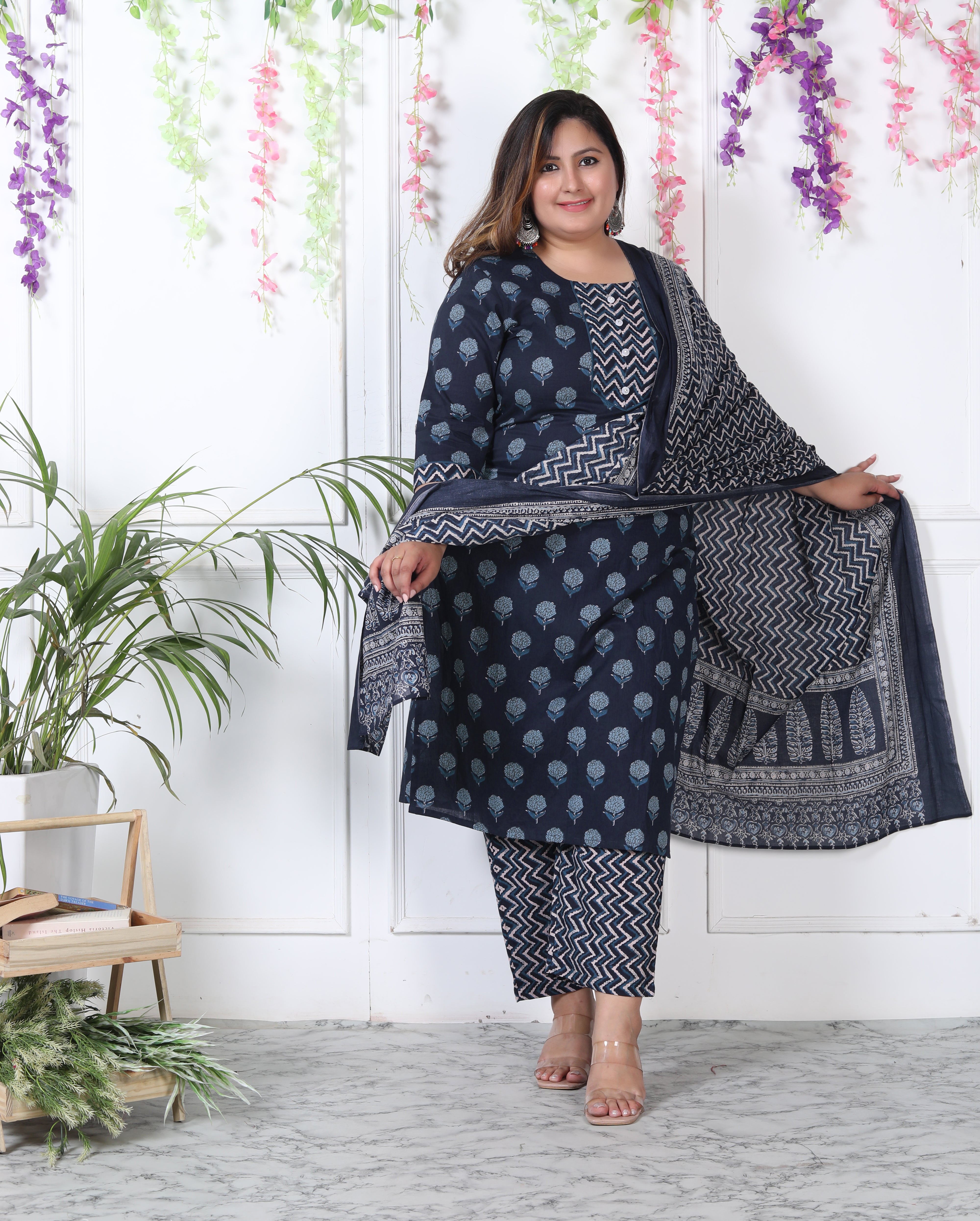 Plus Size Navy Blue Cotton Printed Kurta Pant Set with Dupatta-200029 Secondary image