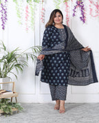Plus Size Navy Blue Cotton Printed Kurta Pant Set with Dupatta-200029