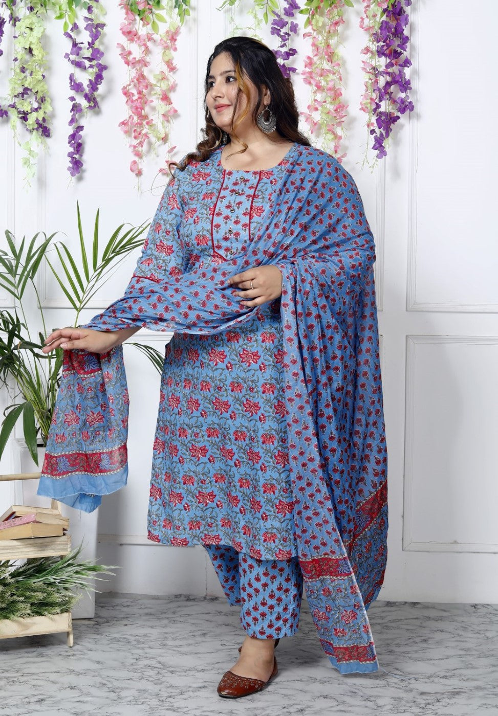 Plus Size Blue Cotton Printed Kurta Pant Set with Dupatta-200030