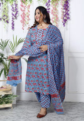 Plus Size Blue Cotton Printed Kurta Pant Set with Dupatta-200030
