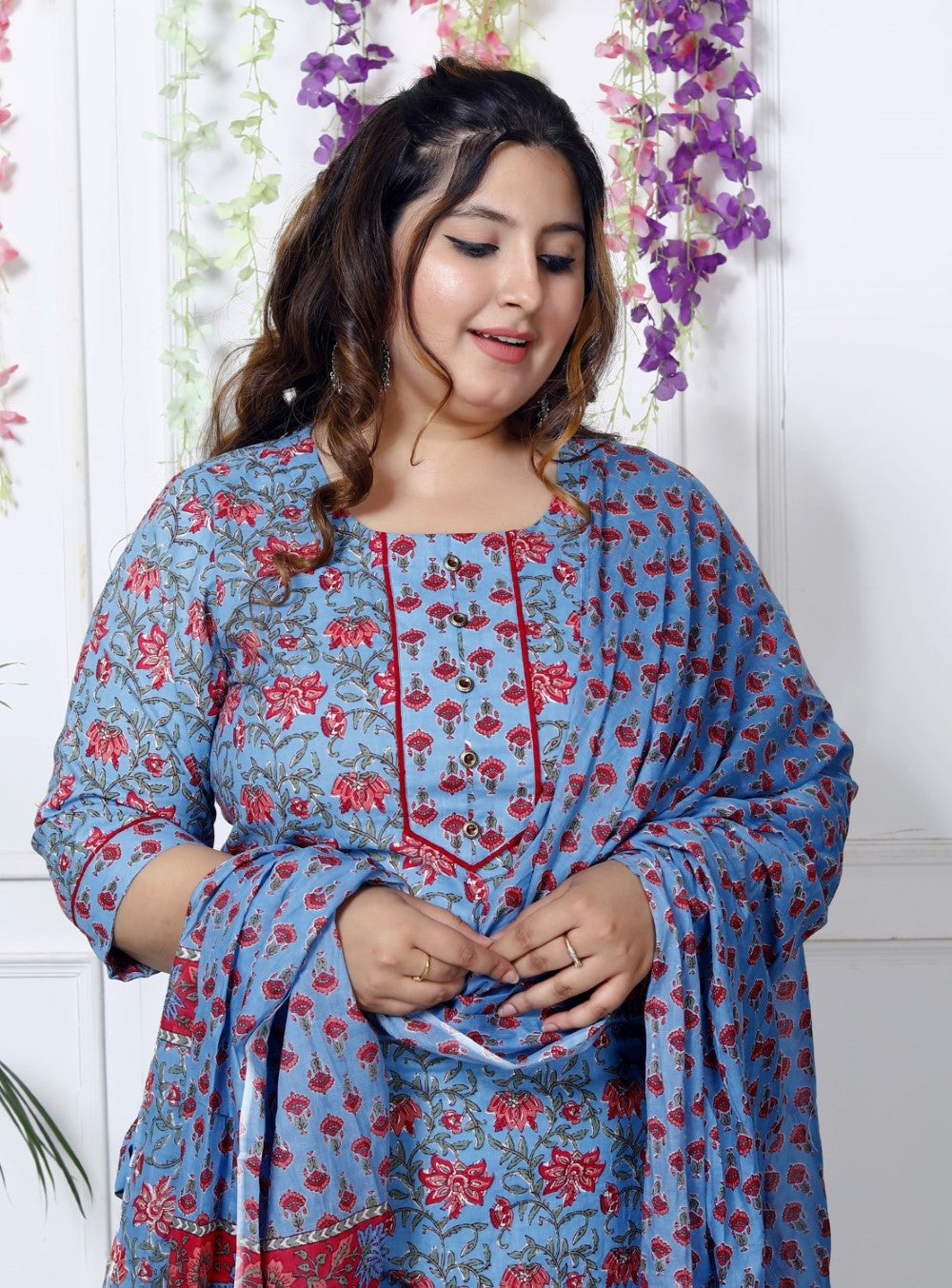 Plus Size Blue Cotton Printed Kurta Pant Set with Dupatta-200030