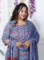 Plus Size Blue Cotton Printed Kurta Pant Set with Dupatta-200030
