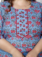 Plus Size Blue Cotton Printed Kurta Pant Set with Dupatta-200030
