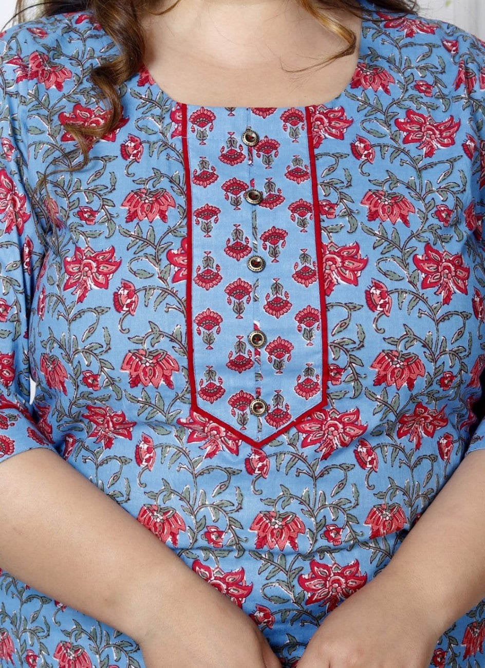 Plus Size Blue Cotton Printed Kurta Pant Set with Dupatta-200030