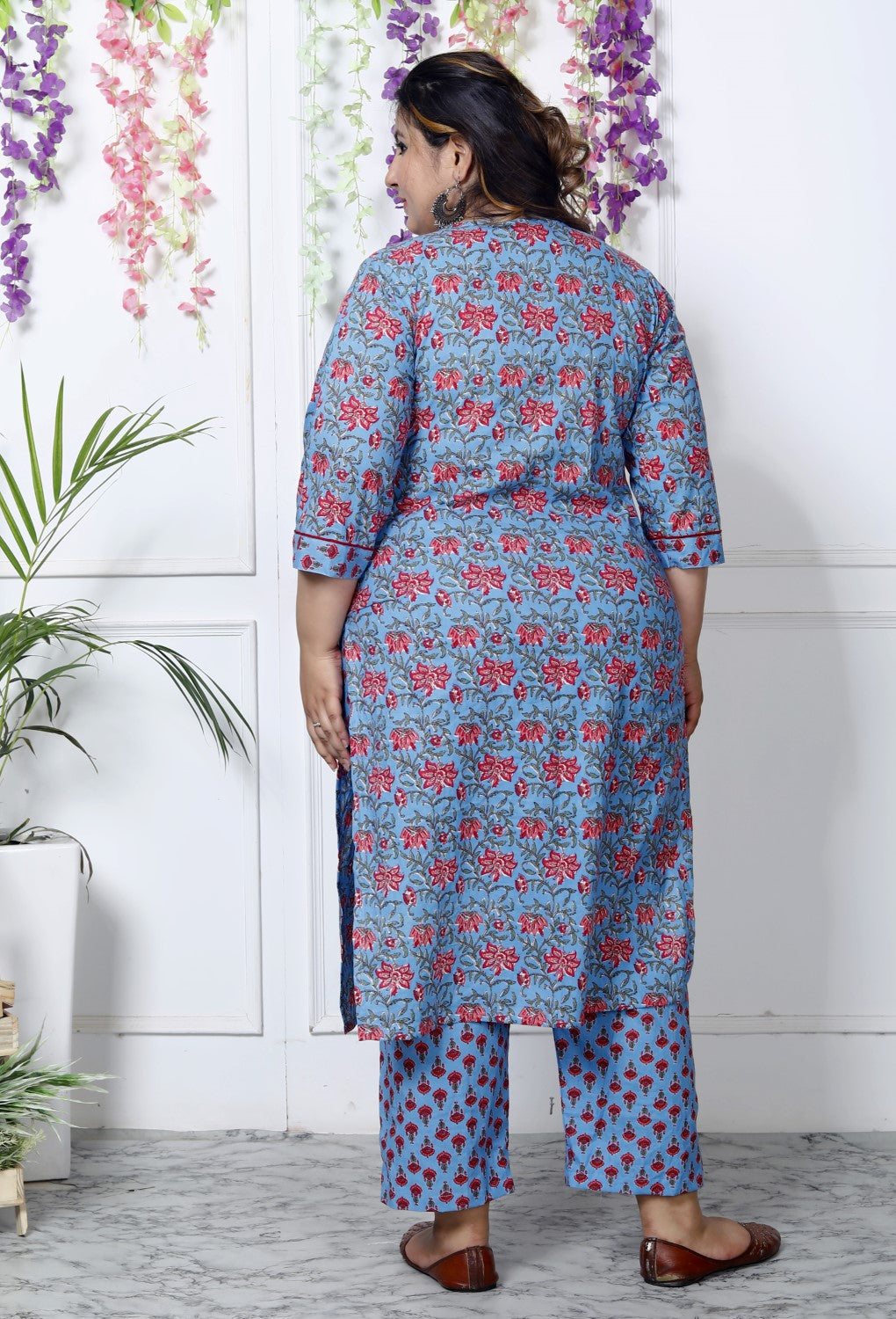 Plus Size Blue Cotton Printed Kurta Pant Set with Dupatta-200030