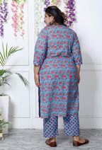 Plus Size Blue Cotton Printed Kurta Pant Set with Dupatta-200030