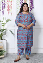 Plus Size Blue Cotton Printed Kurta Pant Set with Dupatta-200030