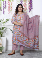 Plus Size Sky Blue Cotton Printed Kurta Pant Set with Dupatta-200031