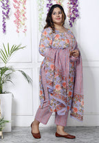 Plus Size Sky Blue Cotton Printed Kurta Pant Set with Dupatta-200031