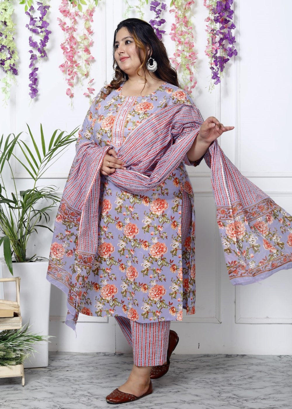 Plus Size Sky Blue Cotton Printed Kurta Pant Set with Dupatta-200031