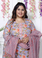 Plus Size Sky Blue Cotton Printed Kurta Pant Set with Dupatta-200031