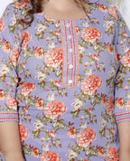 Plus Size Sky Blue Cotton Printed Kurta Pant Set with Dupatta-200031