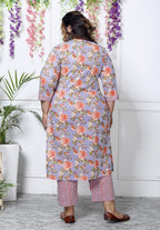 Plus Size Sky Blue Cotton Printed Kurta Pant Set with Dupatta-200031