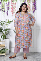 Plus Size Sky Blue Cotton Printed Kurta Pant Set with Dupatta-200031