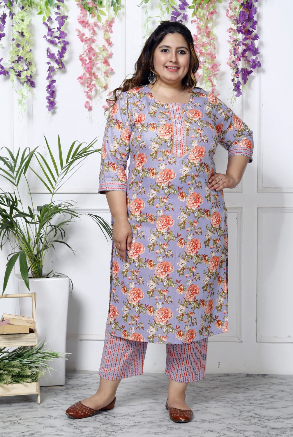 Plus Size Sky Blue Cotton Printed Kurta Pant Set with Dupatta-200031