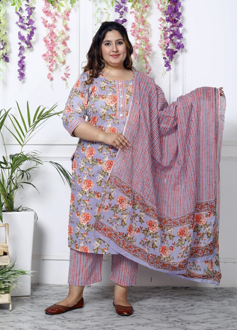 Plus Size Sky Blue Cotton Printed Kurta Pant Set with Dupatta-200031 Main image