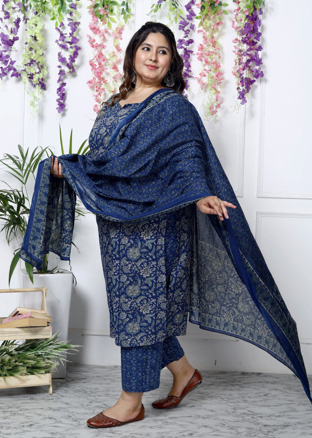 Plus Size Blue Cotton Printed Kurta Pant Set with Dupatta-200033