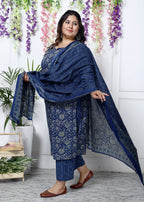 Plus Size Blue Cotton Printed Kurta Pant Set with Dupatta-200033