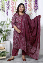 Plus Size Maroon Cotton Printed Kurta Pant Set with Dupatta-200034