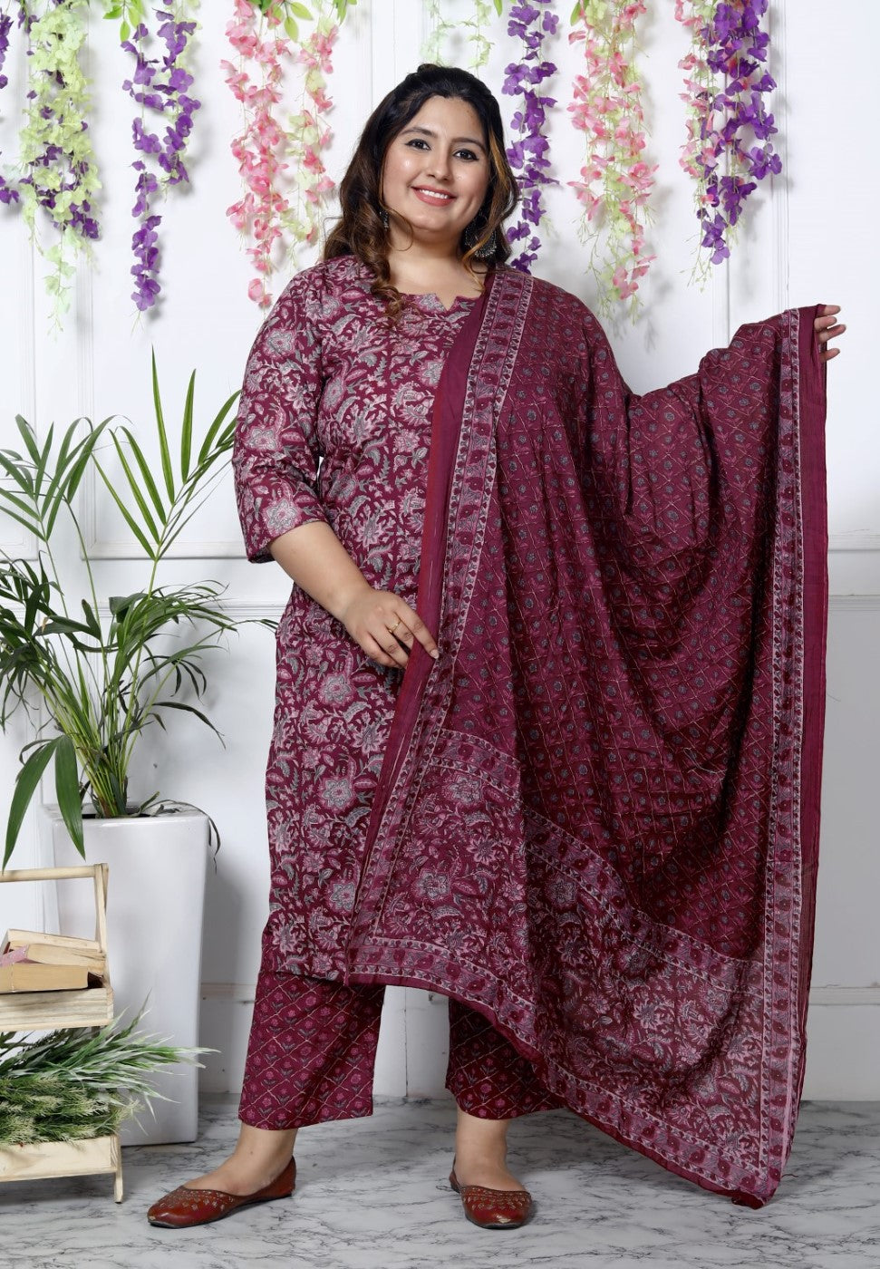 Plus Size Maroon Cotton Printed Kurta Pant Set with Dupatta-200034