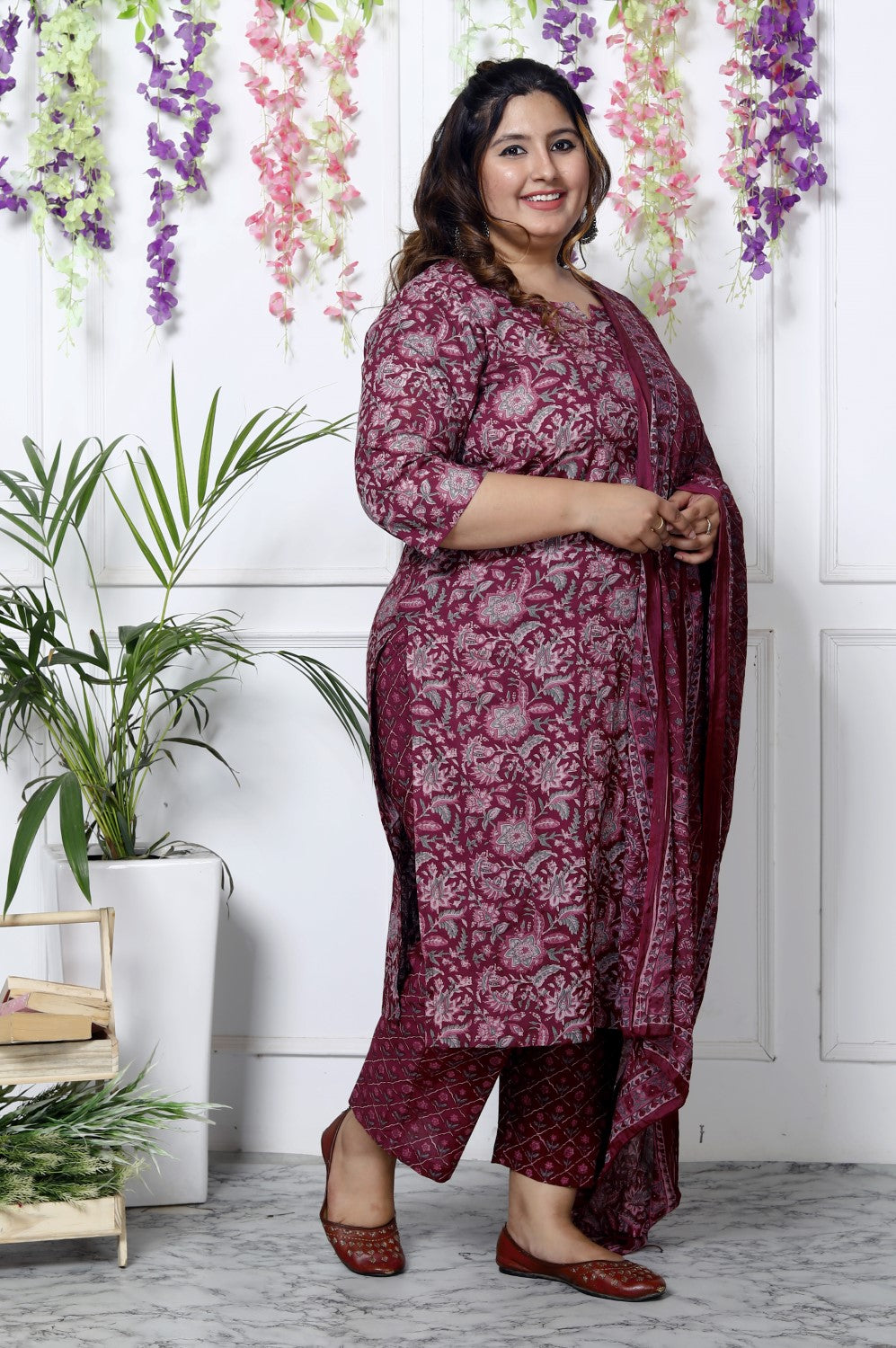 Plus Size Maroon Cotton Printed Kurta Pant Set with Dupatta-200034