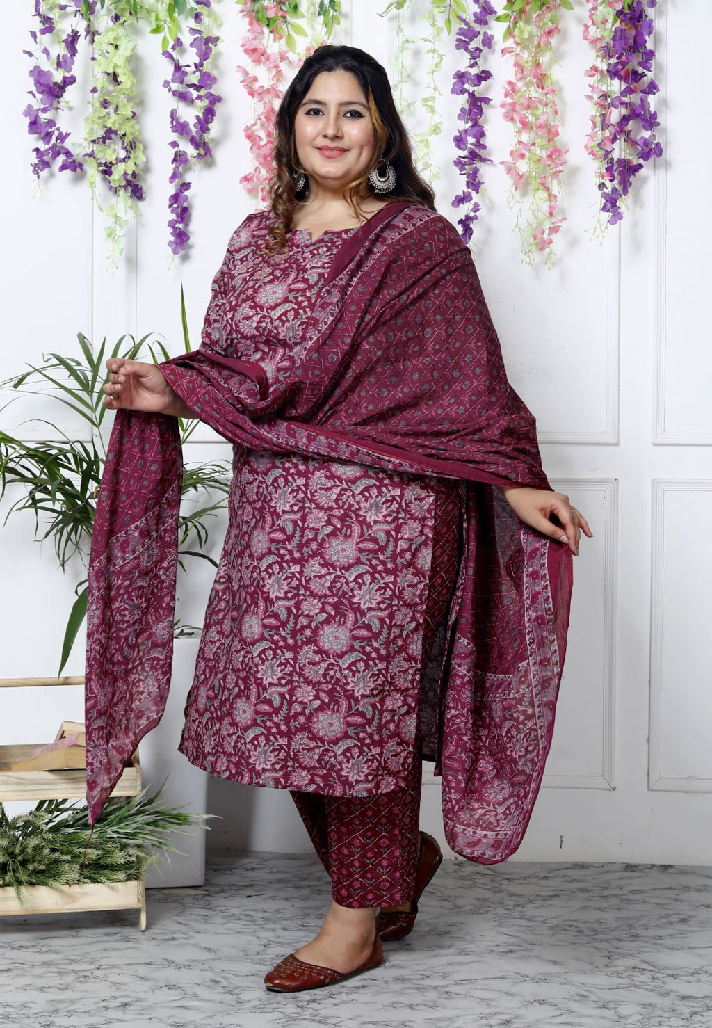 Plus Size Maroon Cotton Printed Kurta Pant Set with Dupatta-200034