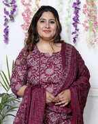 Plus Size Maroon Cotton Printed Kurta Pant Set with Dupatta-200034