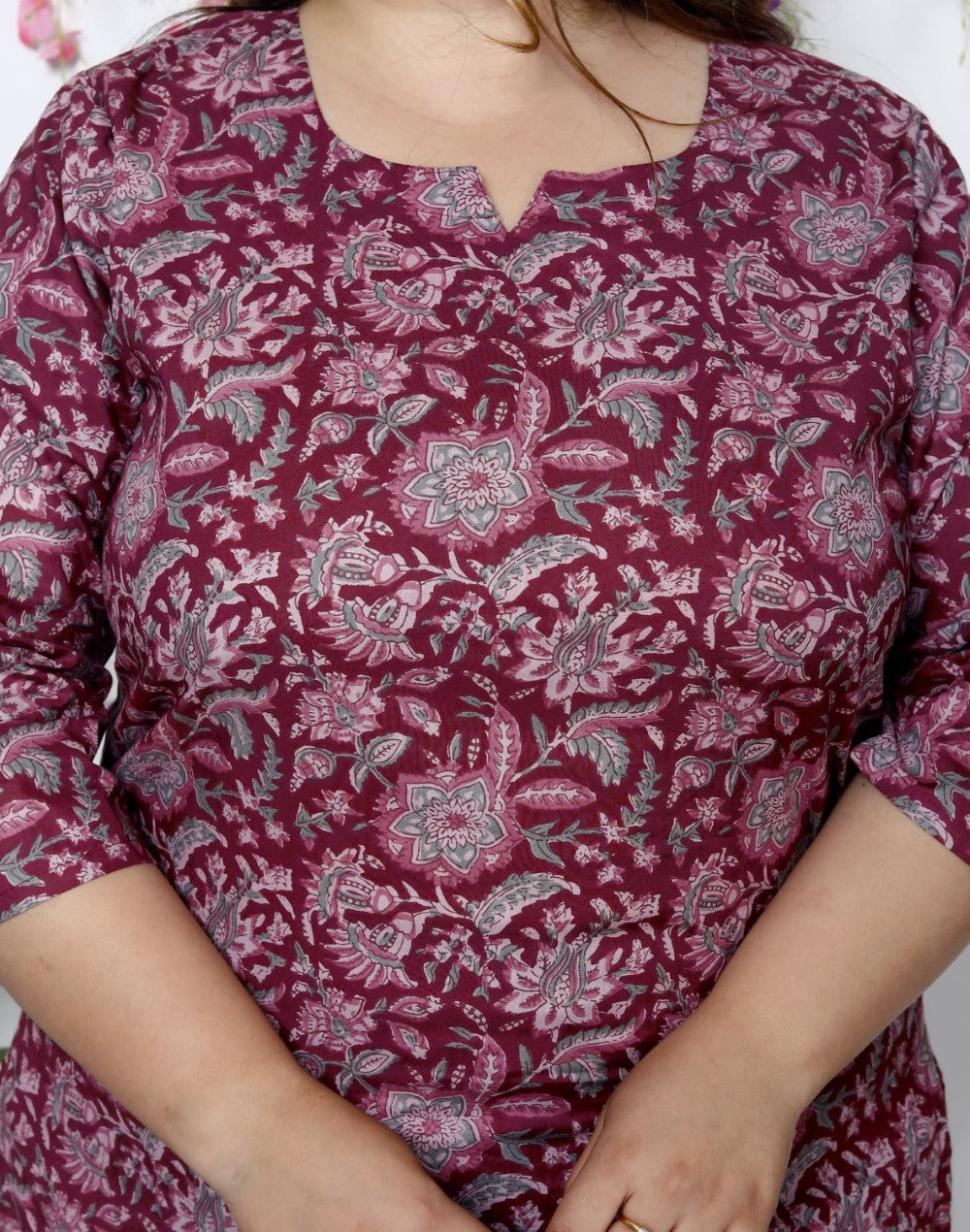 Plus Size Maroon Cotton Printed Kurta Pant Set with Dupatta-200034