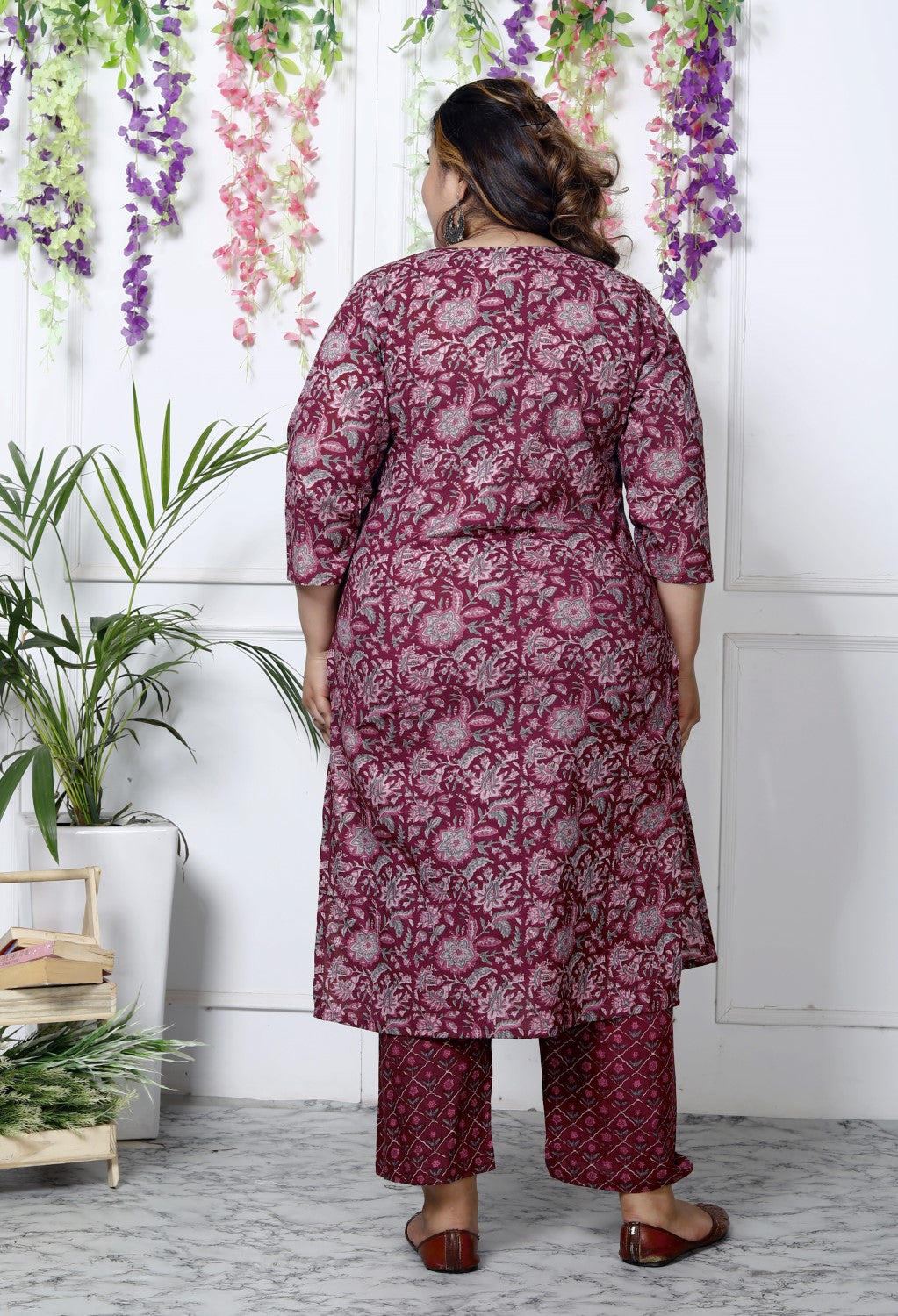Plus Size Maroon Cotton Printed Kurta Pant Set with Dupatta-200034