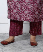 Plus Size Maroon Cotton Printed Kurta Pant Set with Dupatta-200034