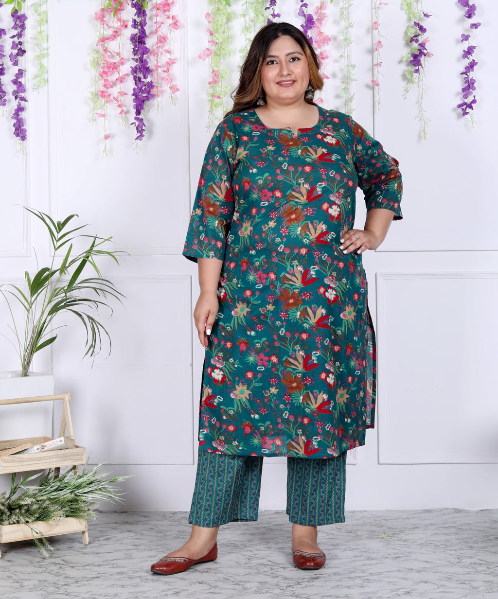 Plus Size Rama Green Cotton Printed Kurta Pant Set with Dupatta-200036