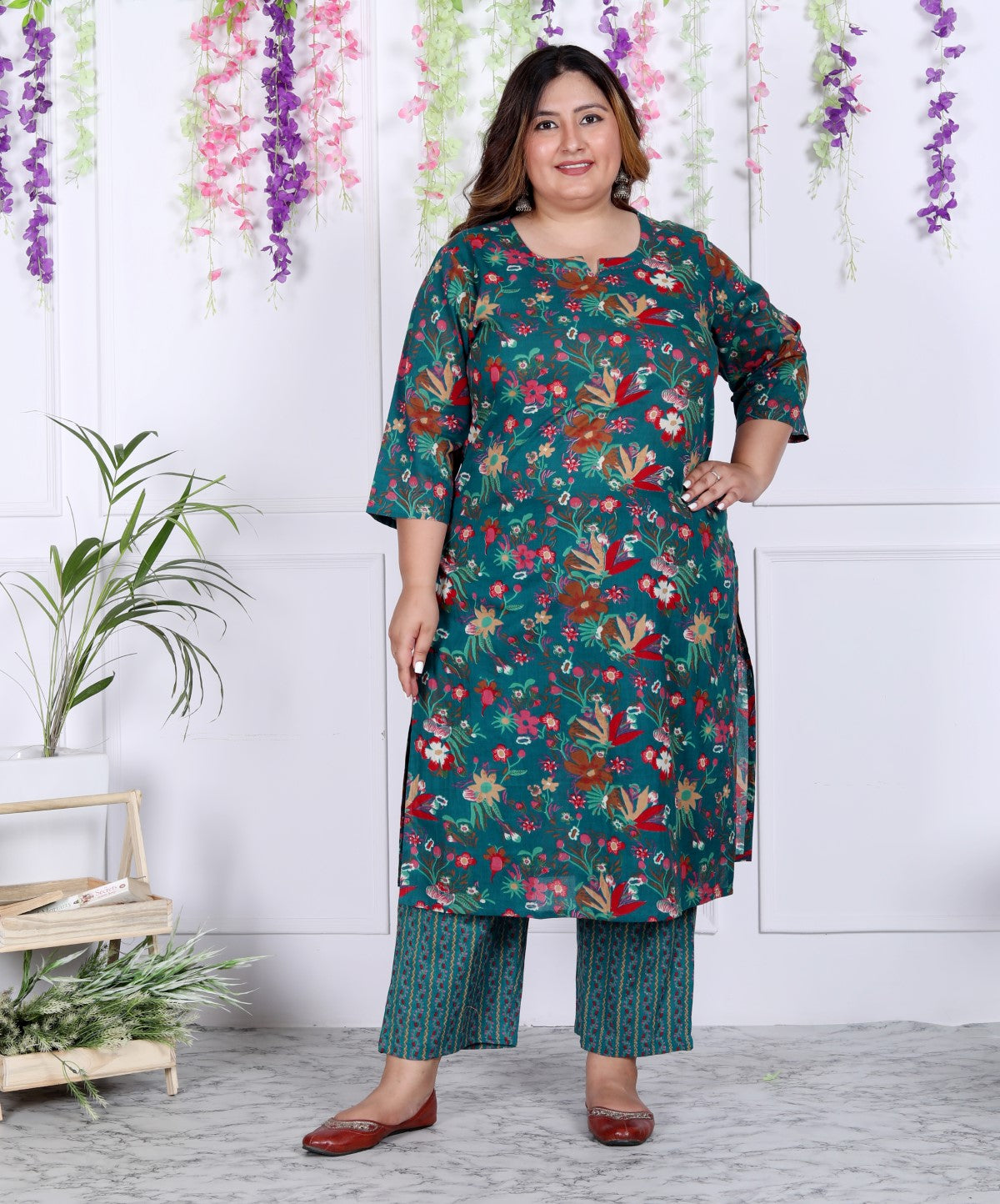 Plus Size Rama Green Cotton Printed Kurta Pant Set with Dupatta-200036