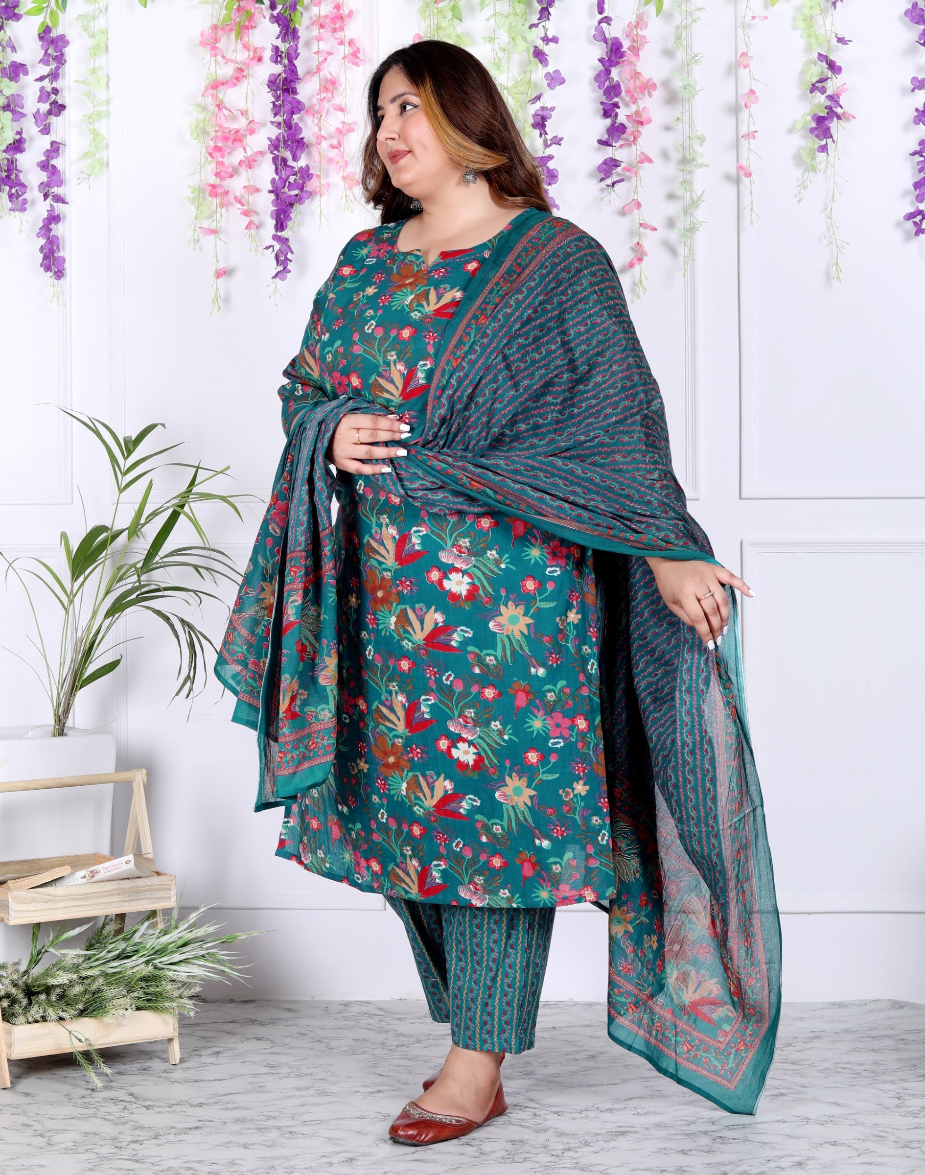 Plus Size Rama Green Cotton Printed Kurta Pant Set with Dupatta-200036