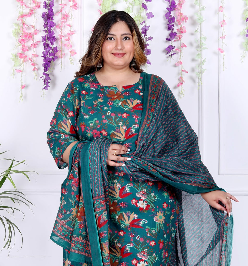 Plus Size Rama Green Cotton Printed Kurta Pant Set with Dupatta-200036