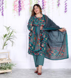 Plus Size Rama Green Cotton Printed Kurta Pant Set with Dupatta-200036