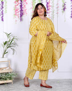 Plus Size Yellow Cotton Printed Kurta Pant Set with Dupatta-200038