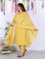 Plus Size Yellow Cotton Printed Kurta Pant Set with Dupatta-200038