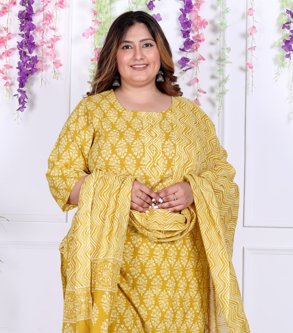 Plus Size Yellow Cotton Printed Kurta Pant Set with Dupatta-200038